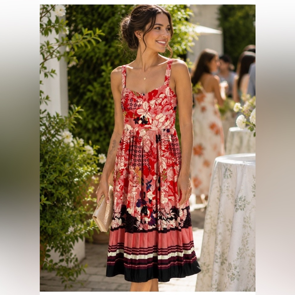 Dalia‎ MacPhee pink red orange floral pleated midi dress size Small